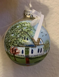 CHRISTMAS ORNAMENT HAND PAINTED HOUSE SCENE GLASS - Picture 1 of 7