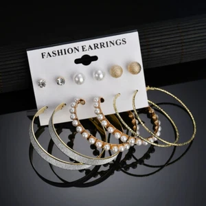 Fashion Large Hoop Earrings 6 Pairs of Frosted Diamond Female Earrings Set - Picture 1 of 10