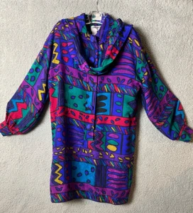 VTG Carol Mignon Silks Dress 10 Jewel Tones Abstract Button Up Shift Tie Cuffs - Picture 1 of 19