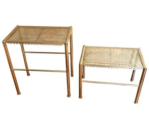 Vintage Mid Century Gold Metal Mesh Tables Set 2 Inside Outside Patio 12” & 18” - Picture 1 of 10