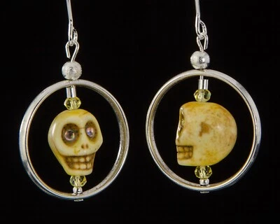 Yellow Howlite Skull Earrings Swarovski Czech Crystals Drop Hooks Steampunk - Image 1 of 4