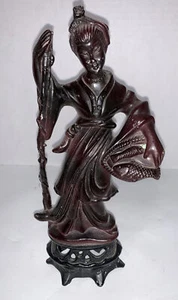 Geisha Girl Figurine holding Fish Bowl Faux-Wood Hong Kong Vintage 9” Tall - Picture 1 of 12
