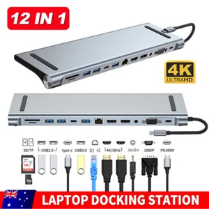 12 in 1 Laptop Docking Station Type-C Hub HDMI 4K PD USB3.0 VGA SD/TF PD AU - Picture 1 of 23