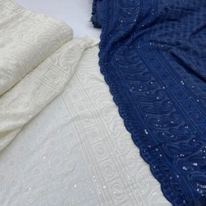 NAVY SEQUINS Paisley Cotton Lawn Fabric Broderie Anglaise Summer Dress Blouse54” - Picture 1 of 7