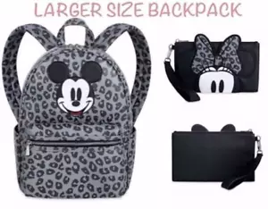 Zaino e portafoglio nuovo con etichette Disney Topolino e Minnie stampa leopardata scala di grigi - Foto 1 di 6