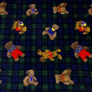Vintage Velvet Blue Green Plaid Teddy Bear Rabbit Fabric 1 +Yard x41 Kids Quilt - Picture 1 of 11