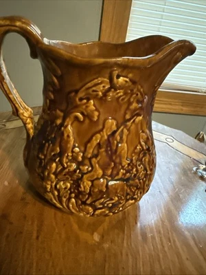 Vtg Antique Bennington Rockingham Pottery 9” Pitcher Hunter Dog Yellow Ware - Image 1 of 4