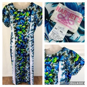 Vtg Custom Hawaiian Maxi dress 1970s Harriets of Hawaii Blue Plumeria Sz 20 XXL - Picture 1 of 11