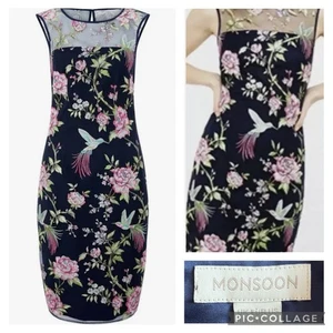 MONSOON Embroidered Shift Dress Size 18 Navy Pink Chinese Oriental Satin Floral - Picture 1 of 19