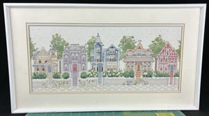 Vintage Finished "Victorian Houses" Cross Stitch Framed & Matted Picture - Picture 1 of 10