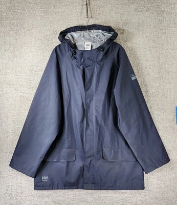 Helly Hansen Workwear Waterproof PVC Jacket Mens XL Navy Hooded Raincoat EUC - Image 1 of 4