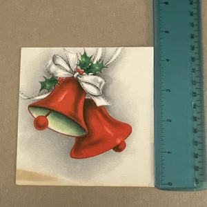 Vintage Mid Century Christmas Card  Greetings Red Bells Silver Bow Green Holly - Picture 1 of 3