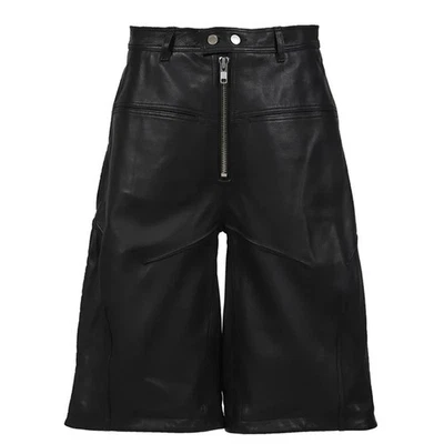 Black Cow Leather Baggy Shorts Loose Fit Biker Streetwear Fashion Leather Shorts - Image 1 of 4