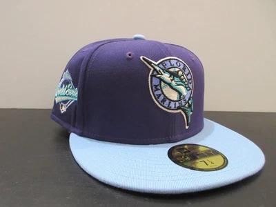 Gorra ajustada de los Florida Marlins para hombre 7 1/4 púrpura logotipo de béisbol MLB Serie Mundial Foto 1 de 4