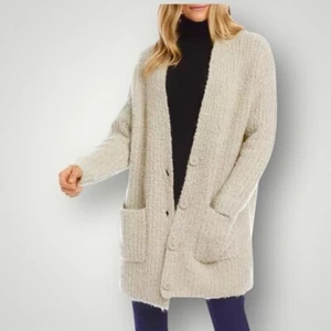 Karen Kane Grandpa Cardigan Patch Pocket Long Sweater 1X Wool Mohair Blend Ivory - Picture 1 of 10