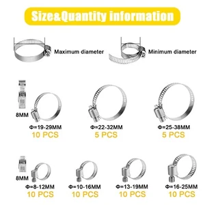 60pcs Adjustable Hose Clamps Worm Gear Clip Stainless Steel Clamp Assortment US - Bild 1 von 11