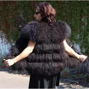 Pelz Tibetlamm Weste Lammfell Fell Pelzjacke Fellweste Boho Samt Dark Braun - Bild 1 von 6