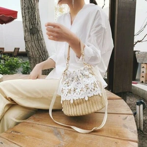 Women Woven Bucket Bag Lace Straw Drawstring Boho Ethnic Style Beach Rattan - Picture 1 of 13