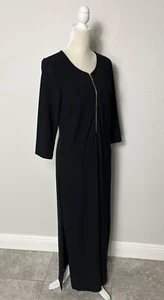 Boston Proper Zip 3/4 Sleeve Nylon Stretch Maxi Dress Side Slits Classy Black M - Picture 1 of 14