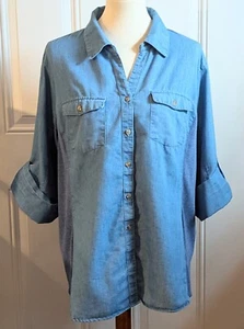 NY Collection Womans Plus Blue Stretchy Contrast Panel Roll Tab Button Shirt 2XL - Picture 1 of 10