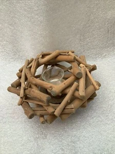 WOODEN TEA LIGHT STAND WITH GLASS HOLDER 5” TALL X APPROXIMATELY 10” DIAMETER - Picture 1 of 12