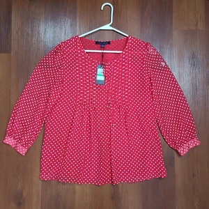 Tommy Hilfiger Top Para Mujer Grande Rojo Lunares Manga Larga Gasa Pintuck $69 - Imagen 1 de 18