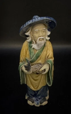 Antique Chinese Mudman, 4 1/4 Inch , Stamped "CHINA" Holding Fish - Image 1 of 4