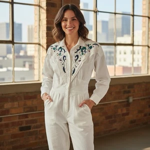 Vintage Jumpsuit weiß mit Schmucksteinen 80er Disco Retro Glam Western 90s Medium - Bild 1 von 8