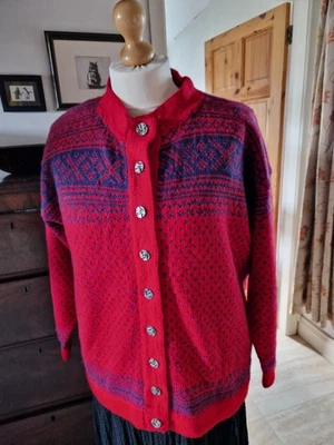 Bright Red And Blue hand knit Cardigan, Wool, Heavyweight. Size 18, 20, 22 - Image 1 of 4