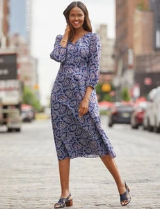 Nuevo con etiquetas Vestido Midi Talbots Manga Abullonada Ajuste y Acampanado 4 Paisley Floral Rojo Azul Algodón - Imagen 1 de 9