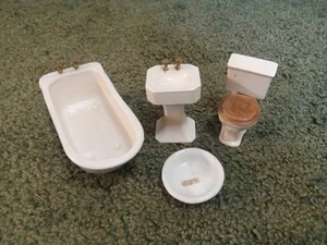 Vintage Miniature Bathroom Set Of 4 Porcelain Handmade Unique Design Rare USA - Picture 1 of 16
