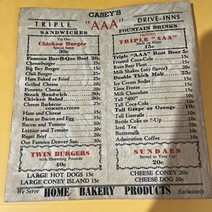 Vintage Casey’s "AAA" Drive-Inn Menü / aus den 50er Jahren - Bild 1 von 6