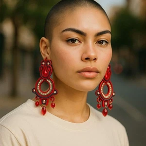 Pendientes mujer soutache rojo mexicano Aretes Soutache artesanal de mujer rojo. - Imagen 1 de 6