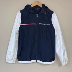 TOMMY HILFIGER Womens Medium Full Zip Windbreaker Jacket Hooded Navy White Light - Picture 1 of 8