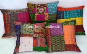 5PC INDIAN KANTHA PATOLA PATCHWORK CUSHION COVER FLORAL THROW SOFA MULTI PILLOW