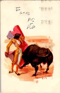 Vintage Post Card Bullfighter and Bull Art Posted - Picture 1 of 2