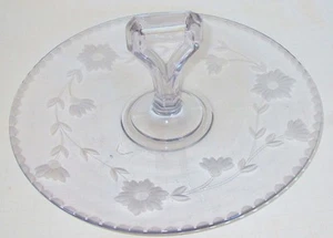 Vintage Deep Clear Cut Glass Serving Plate w Center Handle Flower Etched Floral - Picture 1 of 1