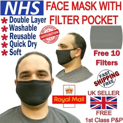 LTG PRO® LTG Cotton Face Mask with 10 Filters Mouth Washable Reusable Soft Black Cycling