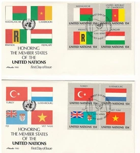 UN N.Y. 1980-81 Flaggen 4er Blöcke auf 8 ARTMASTER Ersttagsbriefe - Bild 1 von 4