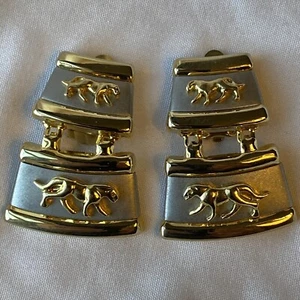 VTG Panther Jaguar Earrings Clip Silver Gold Tone Metal 2 Tier Dangle Drop 1.5” - Picture 1 of 9