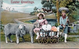 Postcard  Easter Adorable Kids Exaggerated Eggs Sheep - Picture 1 of 2