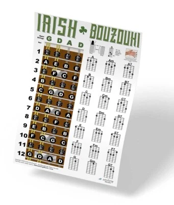 Irish Bouzouki Chord Chart and Fretboard Poster GDAD Tuning Beginner Notes - Image 1 of 4
