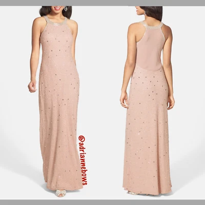NEW Adrianna Papell Caviar Illusion Back Beaded Gown in Taupe Pink [SZ 8 ] #N159 - Image 1 of 4
