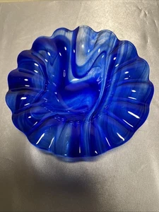 Vintage Cobalt Blue Swirl Art Glass Bowl Murano Style Ruffled Edge 6.5” - Picture 1 of 9