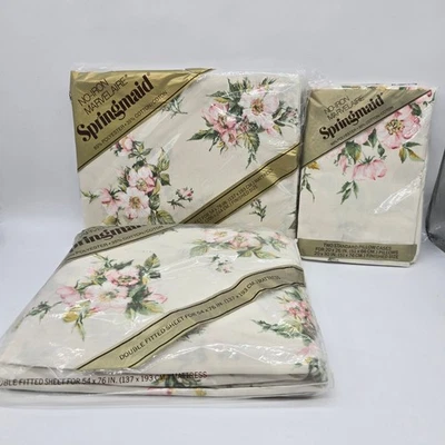 Vintage NOS Marvelaire Springmaid Floral Wild Rose Double Sheet Set Pillowcases  - Image 1 of 4