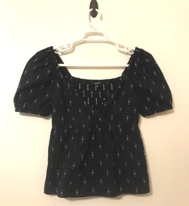 Madewell Top Gr. XS Jacquard Puffärmel Empire Blau 100% Baumwolle Gesmokter Rücken - Bild 1 von 16