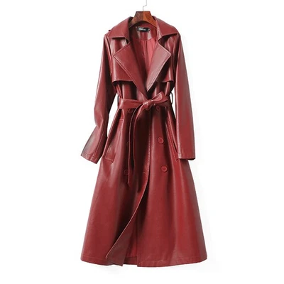 New Autumn Genuine Leather Coat Women's Long Waist Up Korean Sheepskin Windcoat - Image 1 of 4