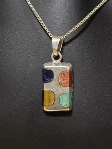 Vtg Taxco TE-11 925 Sodalite Goldstone Turquoise & Tiger's Eye Pendant 20" Chain - Picture 1 of 9