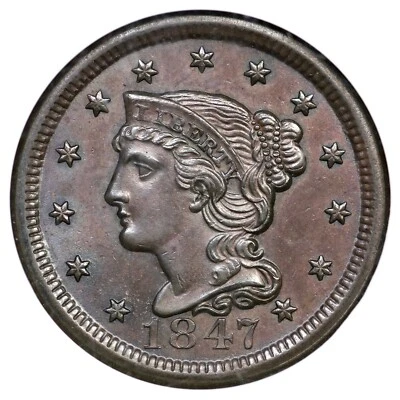 1847 N-38 NGC MS 64 BN Braided Hair Large Cent Coin 1c - Image 1 of 3