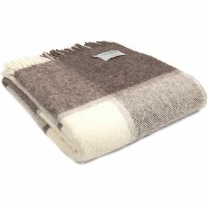 TWEEDMILL TEXTILES THROW 100% Wool Bed Rug Blanket BLOCK CHECK JACOB BROWN CREAM - Picture 1 of 12